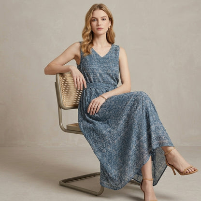 Coastal Breeze Printed Sleeveless Tie-Waist Maxi Dress