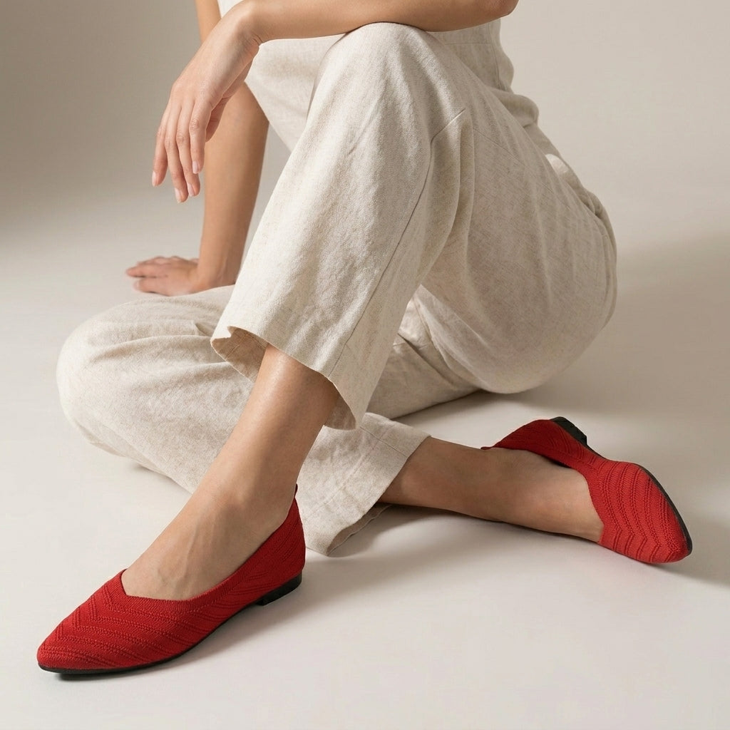 Ribbed Knit Pointed-Toe Flats with V-Cut Silhouette