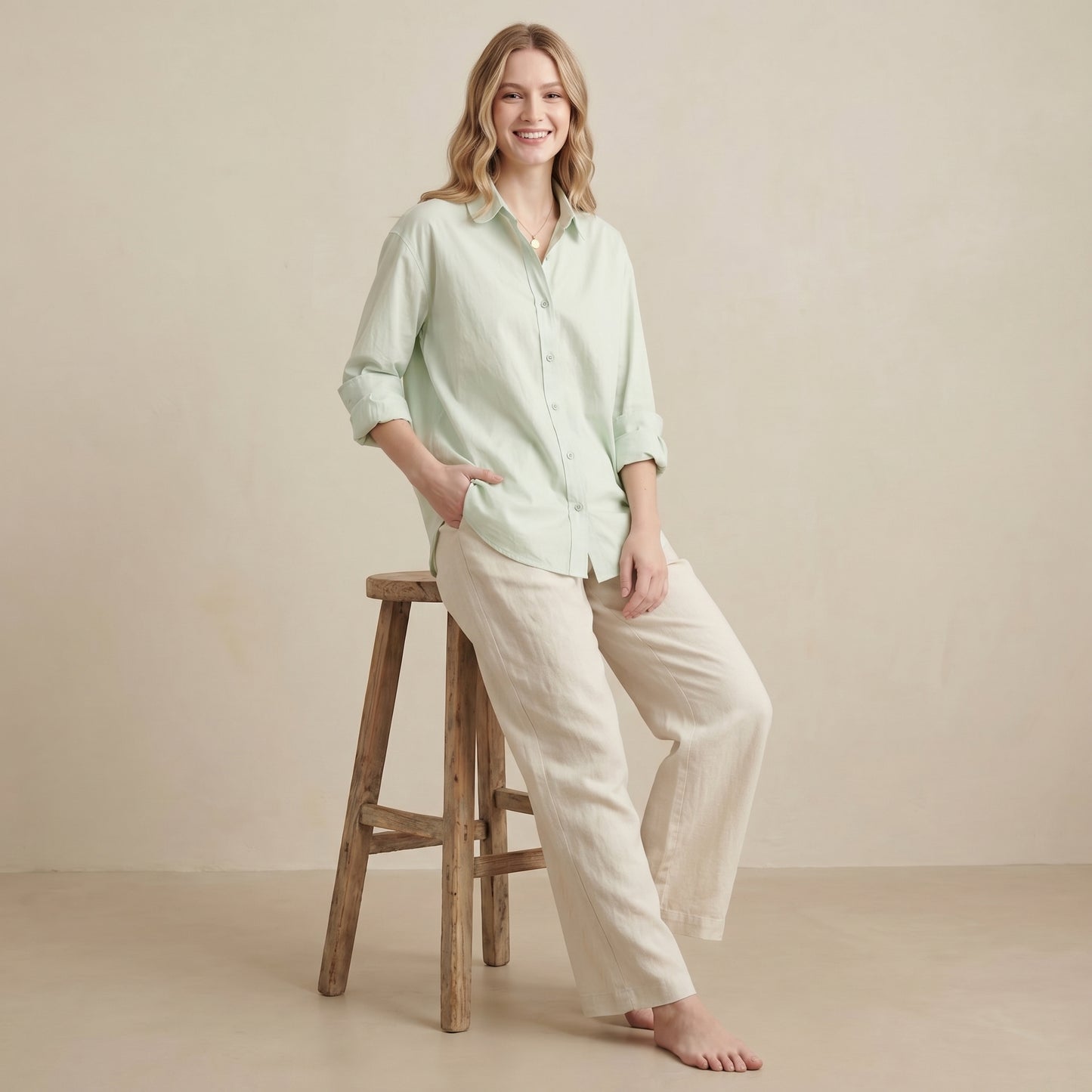 Oversized Woven Button-Down Shirt with Dramatic Lantern Sleeves