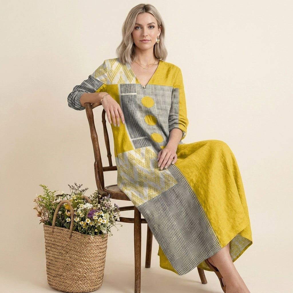 Patchwork Print Midi Dress with Statement Button Detail