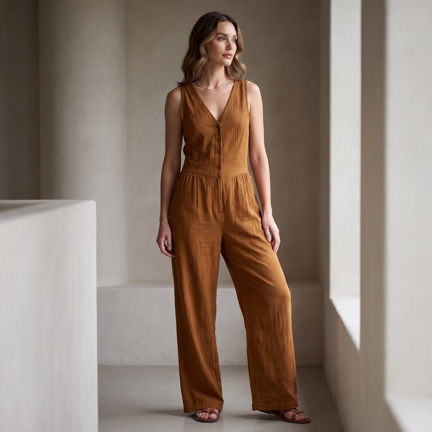 Textured Wide-Leg Sleeveless Jumpsuit with Tailored Bodice and Button Front