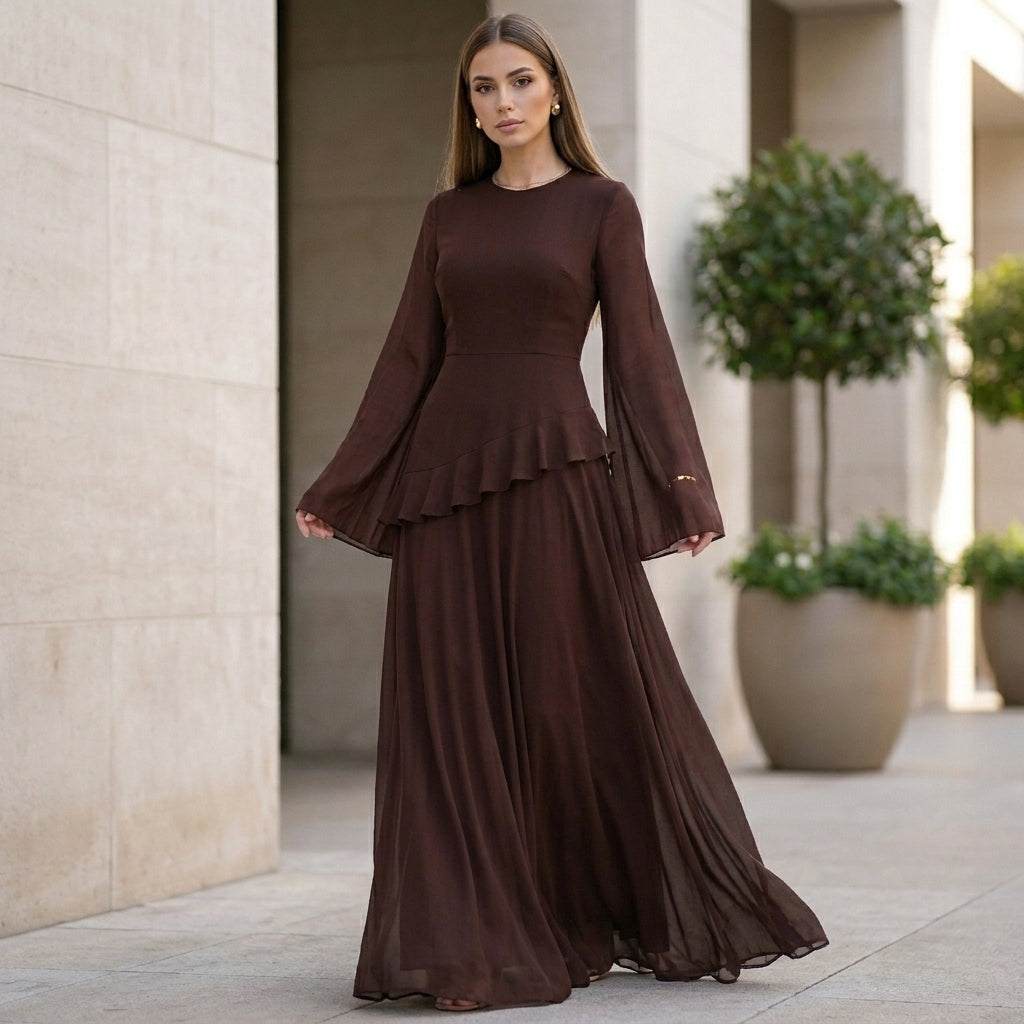 Elegant Gala Maxi Dress with Flared Bell Sleeves and Ruffled Tier