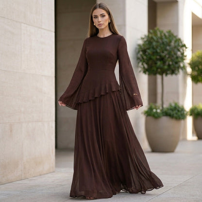 Elegant Gala Maxi Dress with Flared Bell Sleeves and Ruffled Tier