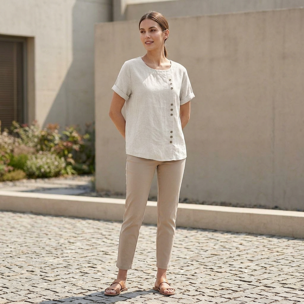 Relaxed Short Sleeve Blouse with Asymmetric Button Detail