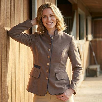 Tailored Wool Blazer with Stand Collar and Contrast Piping Detailing