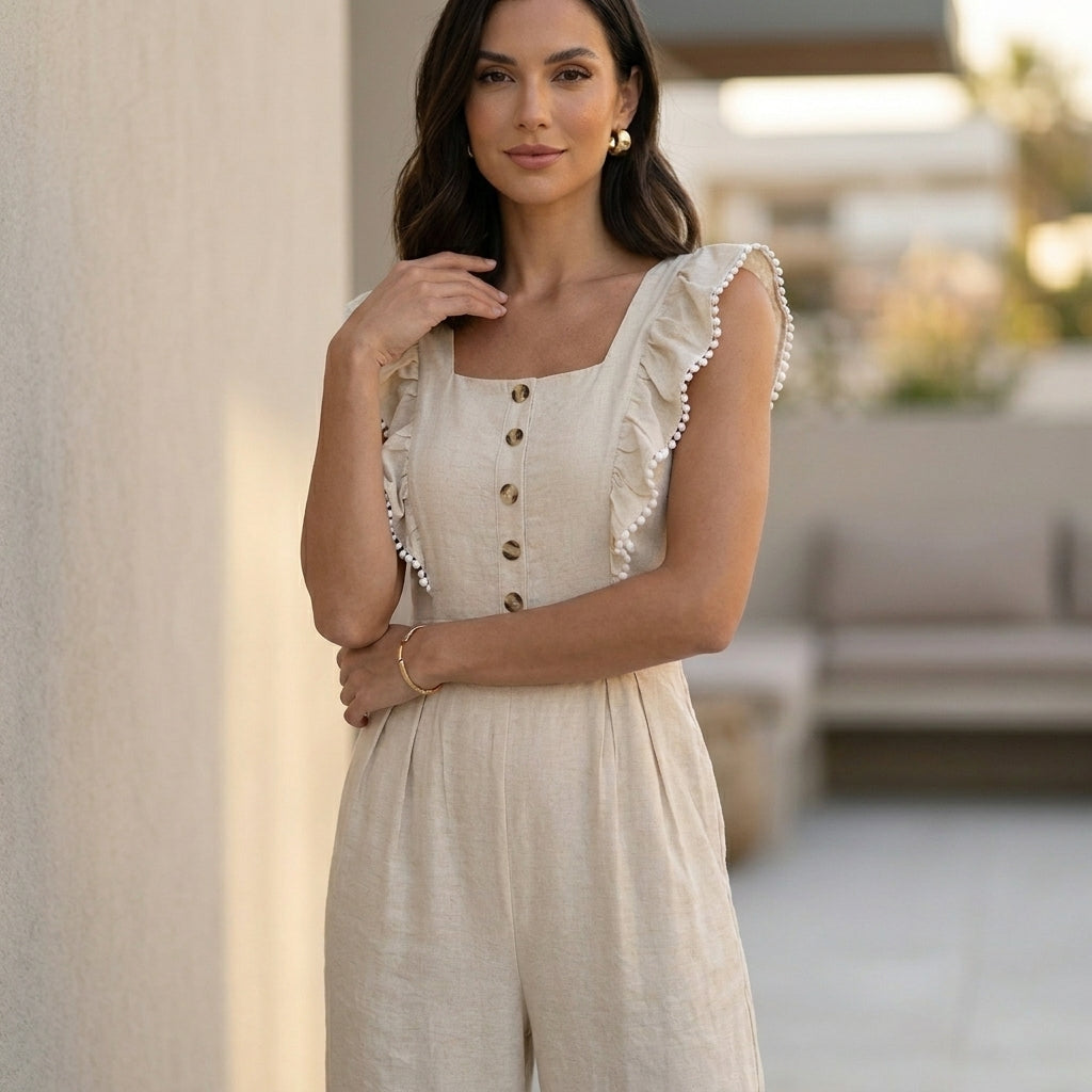 Tailored Wide-Leg Jumpsuit with Ruffled Square Neck and Pleated Waist