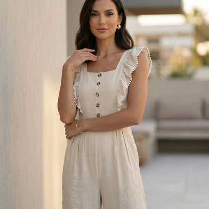 Tailored Wide-Leg Jumpsuit with Ruffled Square Neck and Pleated Waist