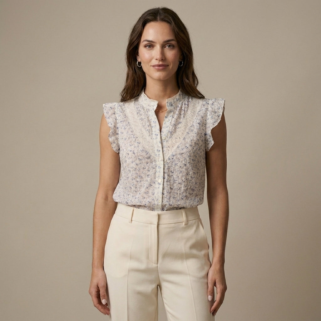 Romantic Sleeveless Blouse with Lace Trim and Ruffles