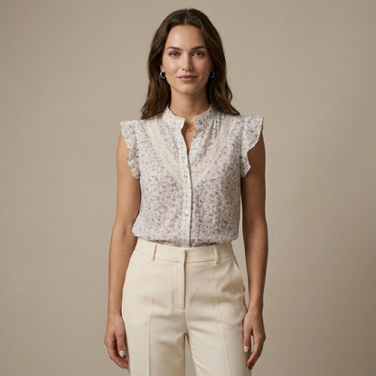 Romantic Sleeveless Blouse with Lace Trim and Ruffles