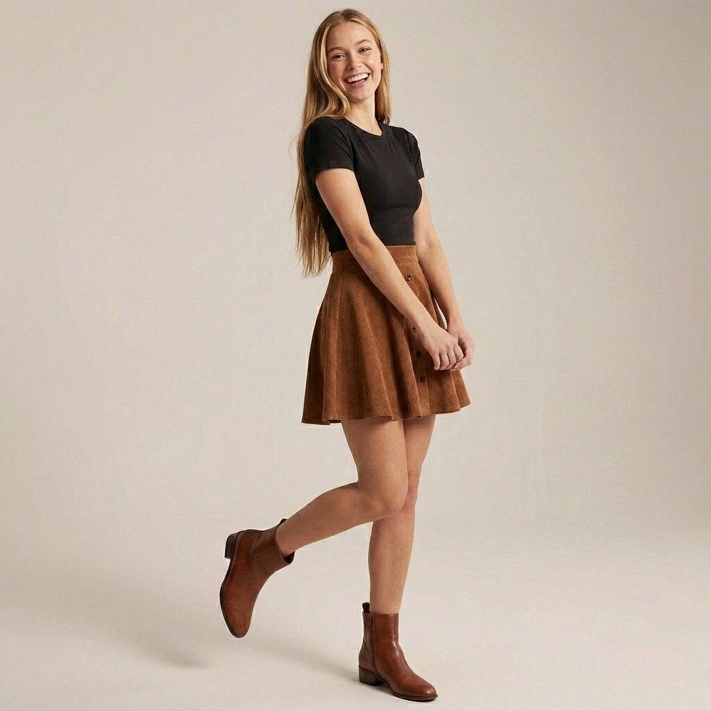 Structured High-Waisted A-Line Mini Skirt with Button Front Detail