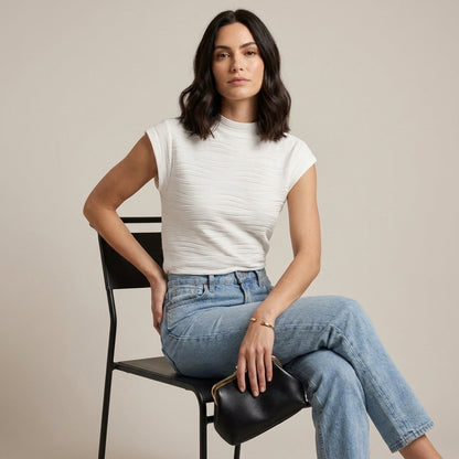 Textured Mock Neck Cap Sleeve Top with Sculpted Silhouette