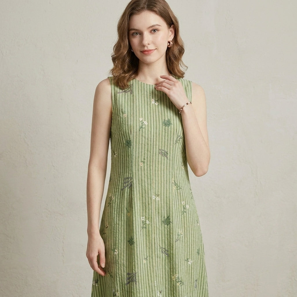 Floral Stripe Sleeveless Midi Dress with Relaxed Flowing Silhouette