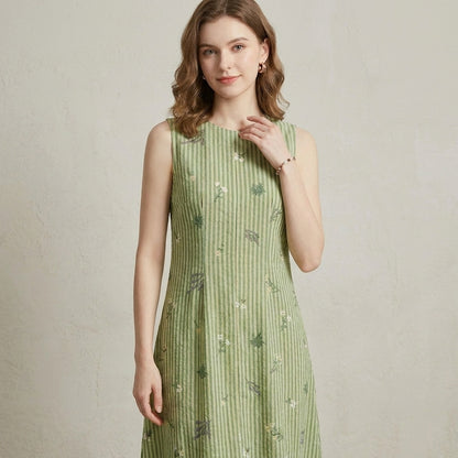Floral Stripe Sleeveless Midi Dress with Relaxed Flowing Silhouette