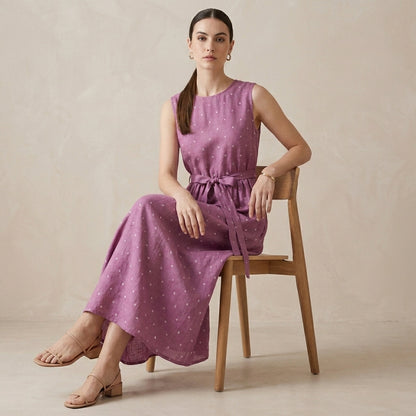 Dusty Rose Polka Dot Midi Dress with Elegant Tie Waist