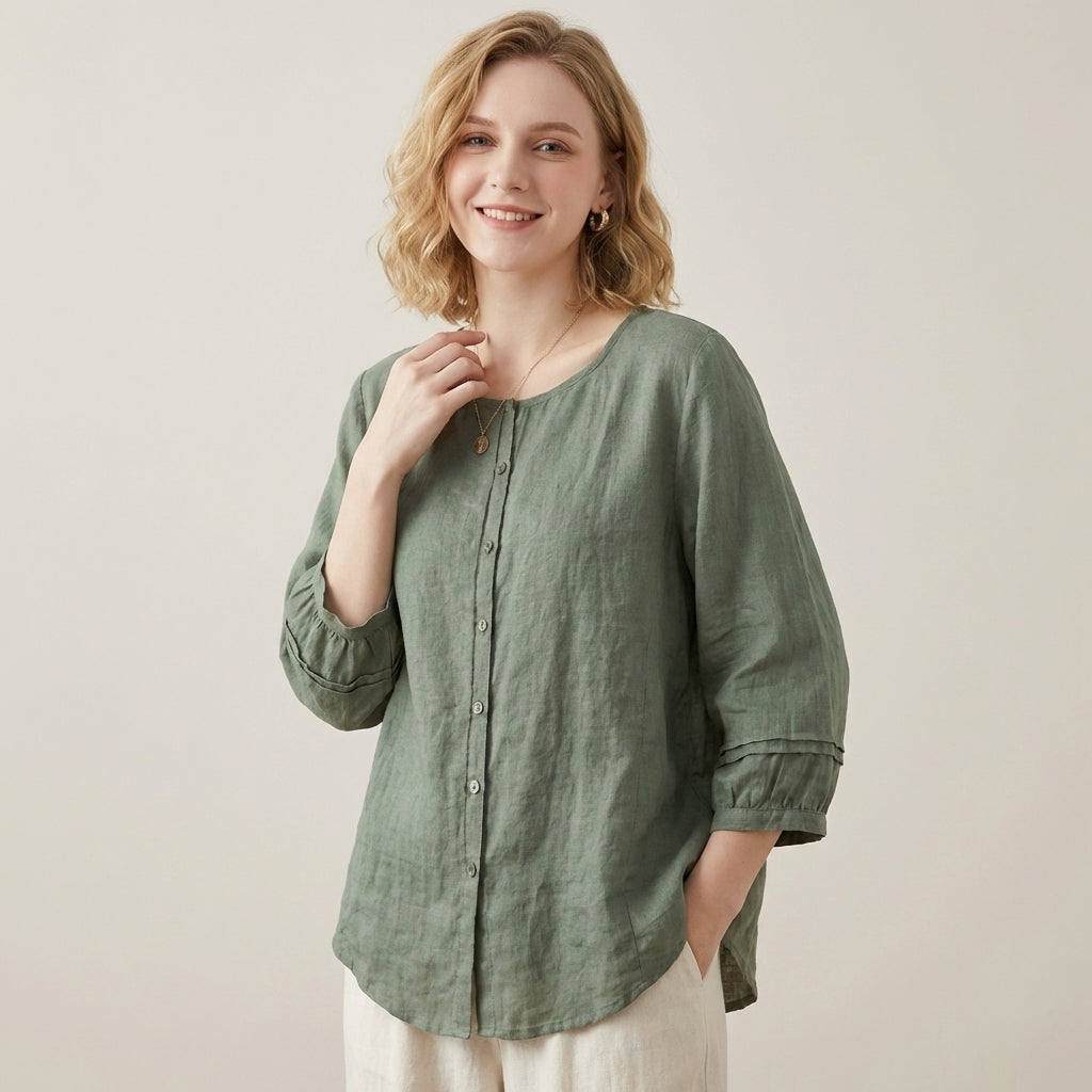 Relaxed 3/4 Sleeve Woven Button-Down Top with Pintuck Detailing