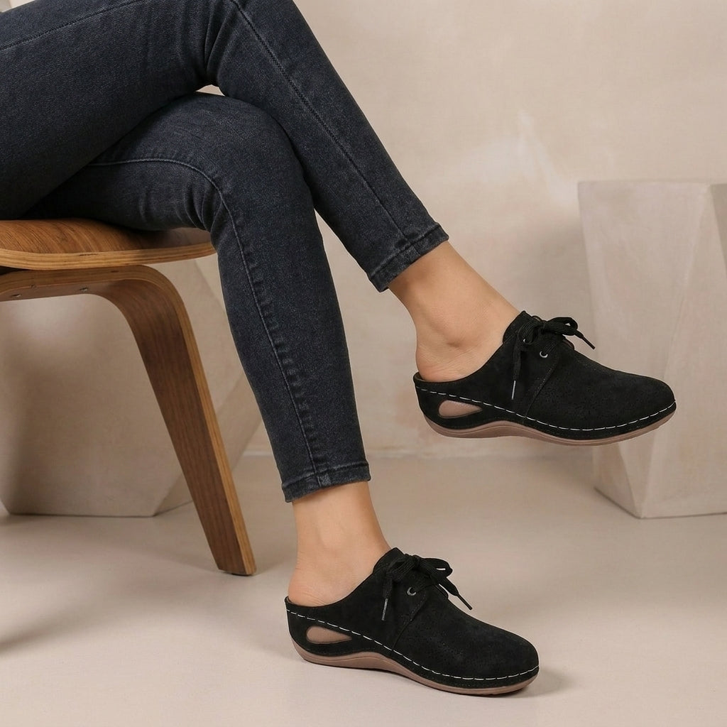 Lace-up Wedge Mules with Perforated Detail and Contrast Stitching