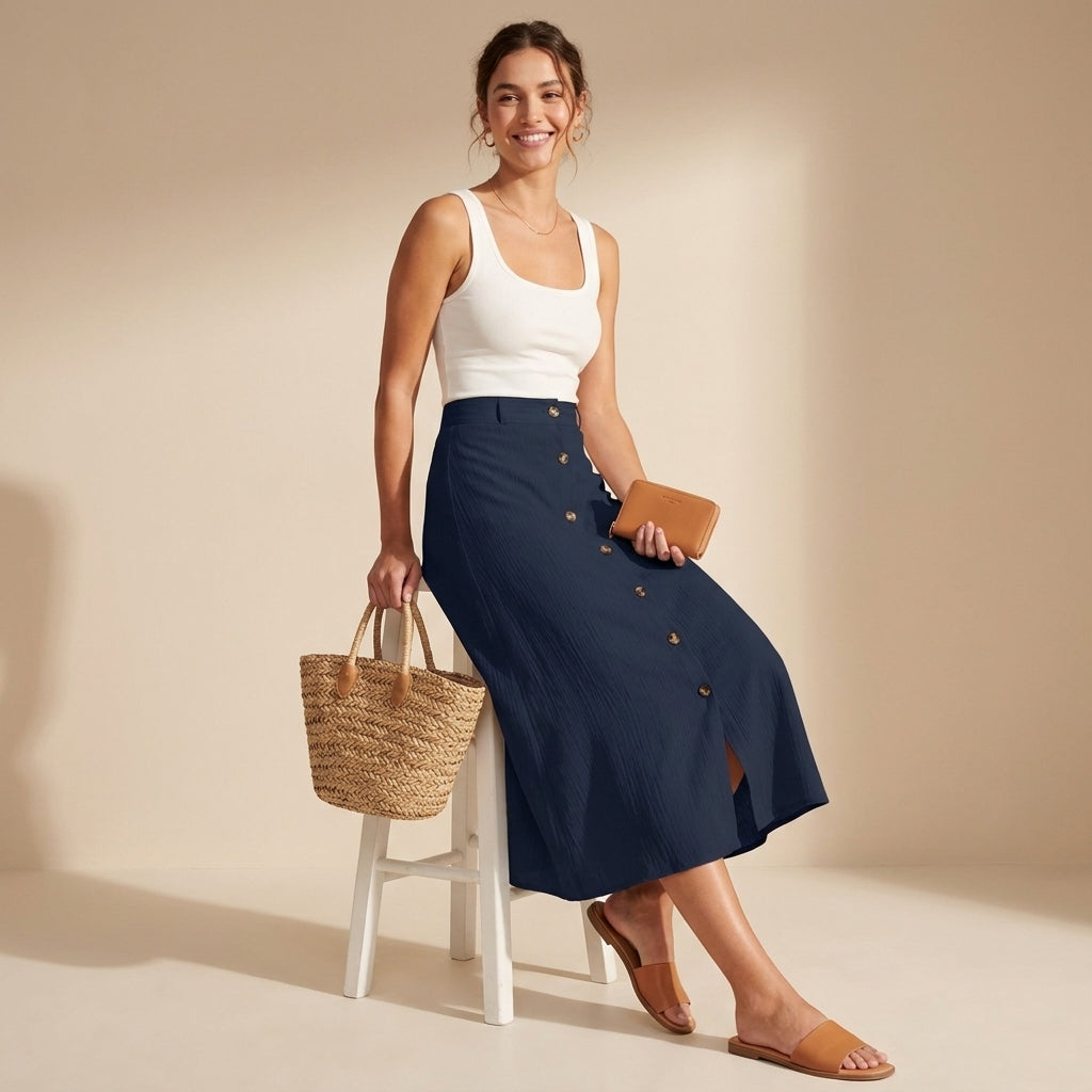 High-Waisted A-Line Maxi Skirt with Button-Front Detail