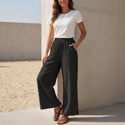 High-Rise Wide-Leg Pants with Smocked Waist and Textured Weave