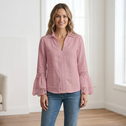 Relaxed Fit Lace-Trim Pullover Shirt with Bell Sleeves and V-Neck