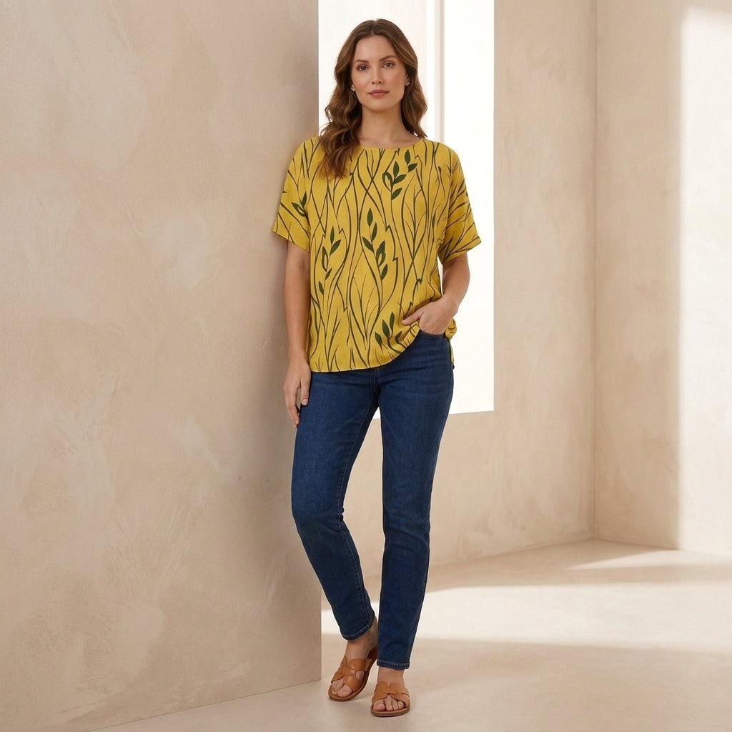 Oversized Draped Tunic with Abstract Botanical Motif and Relaxed Silhouette