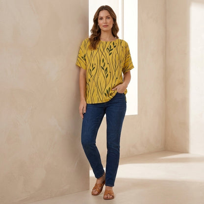 Oversized Draped Tunic with Abstract Botanical Motif and Relaxed Silhouette