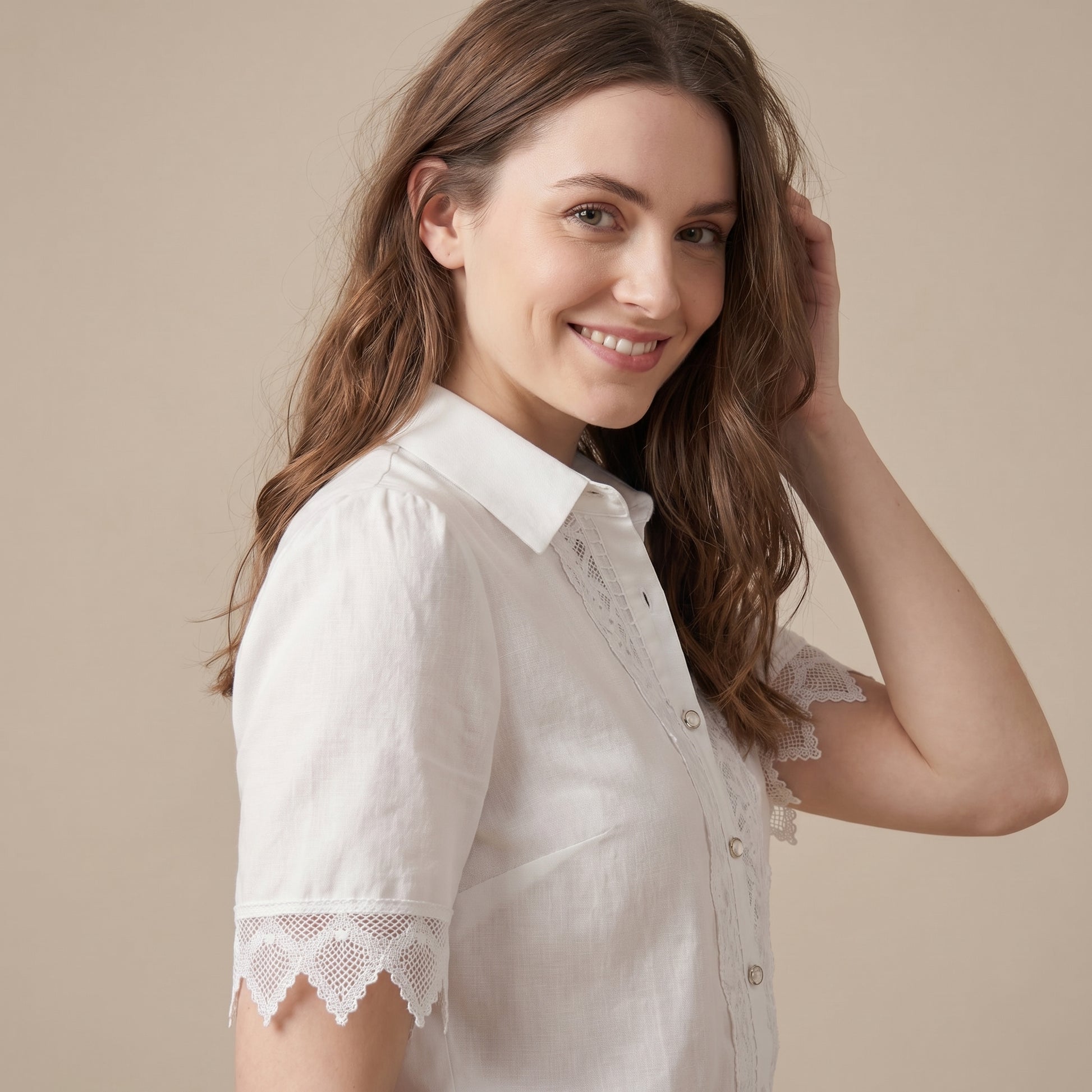 Tailored Short-Sleeve Lace-Trimmed Blouse with Scalloped Details