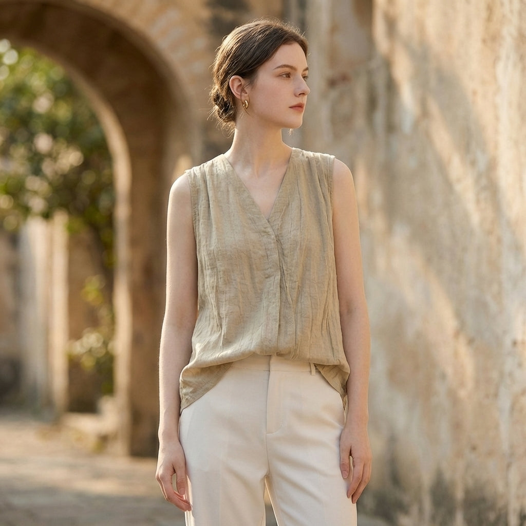 Flowing V-Neck Sleeveless Top with Pleated Crinkle Texture