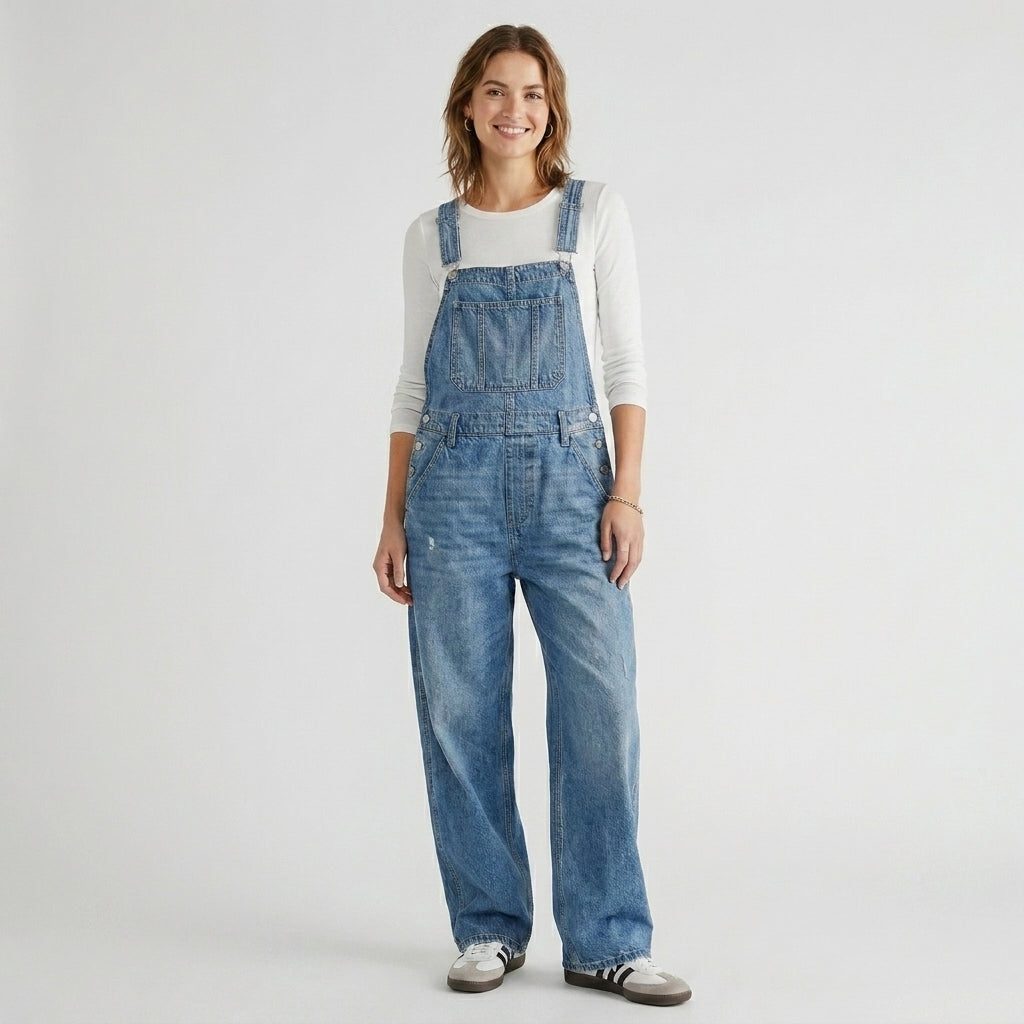 Vintage-Inspired Structured Overalls with Adjustable Straps and Relaxed Fit