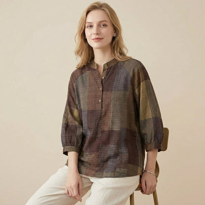 Relaxed Lantern Sleeve Blouse with Mandarin Collar and Curved Hem