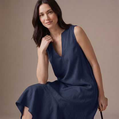 Flowing Sleeveless Maxi Dress with Draped Notched V-Neck and Asymmetric Ruffled Hem