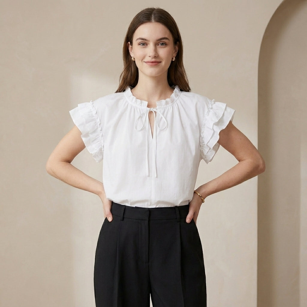 Romantic Ruffle Sleeve Loose Blouse with Tiered Collar Tie Detail