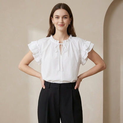 Romantic Ruffle Sleeve Loose Blouse with Tiered Collar Tie Detail