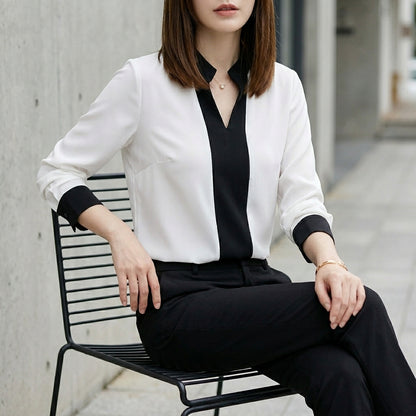 Tailored Color-Block Chiffon Blouse with Stand Collar and V-Neck