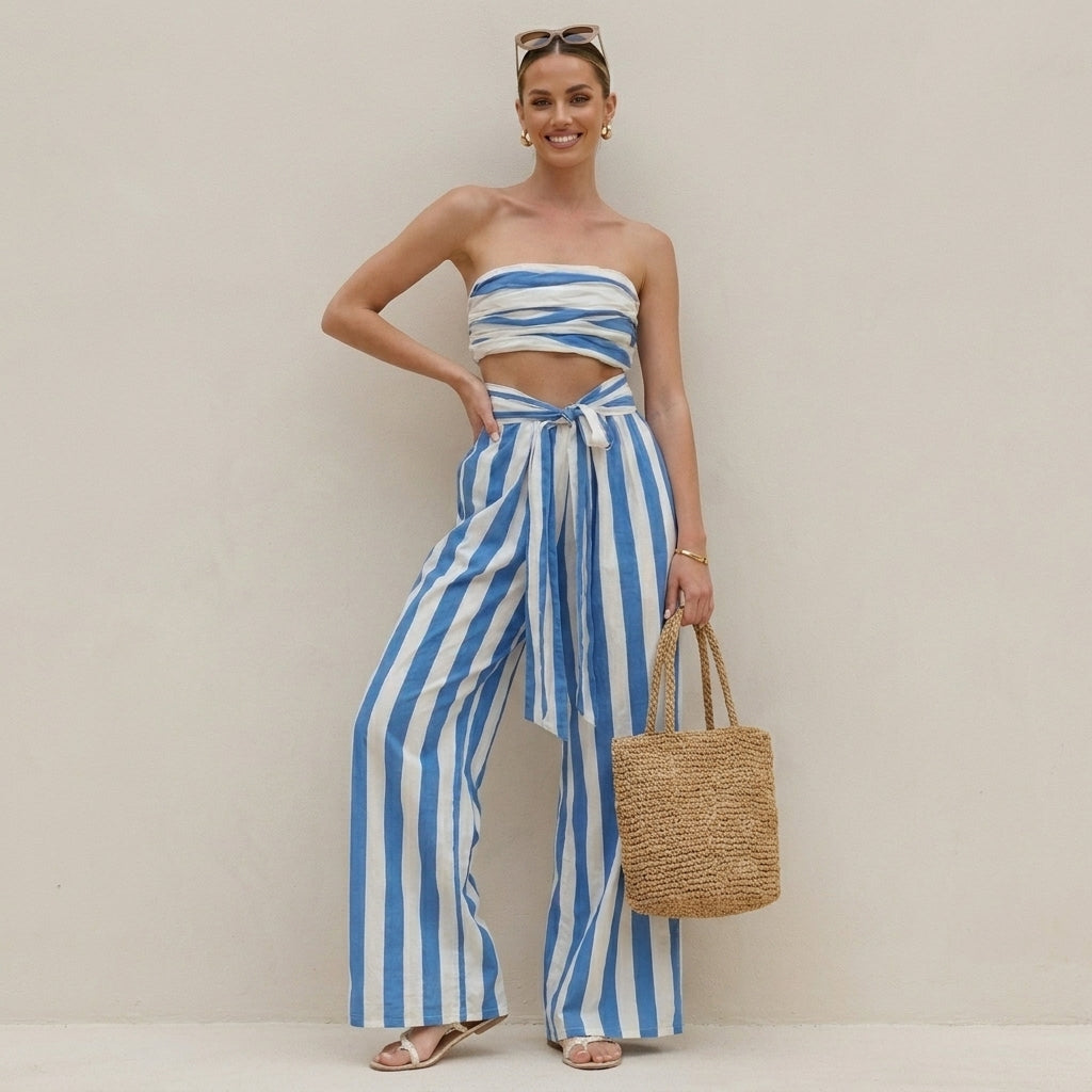 Ruched Strapless Bandeau Two-Piece Wide-Leg Pantsuit with Self-Tie Waist