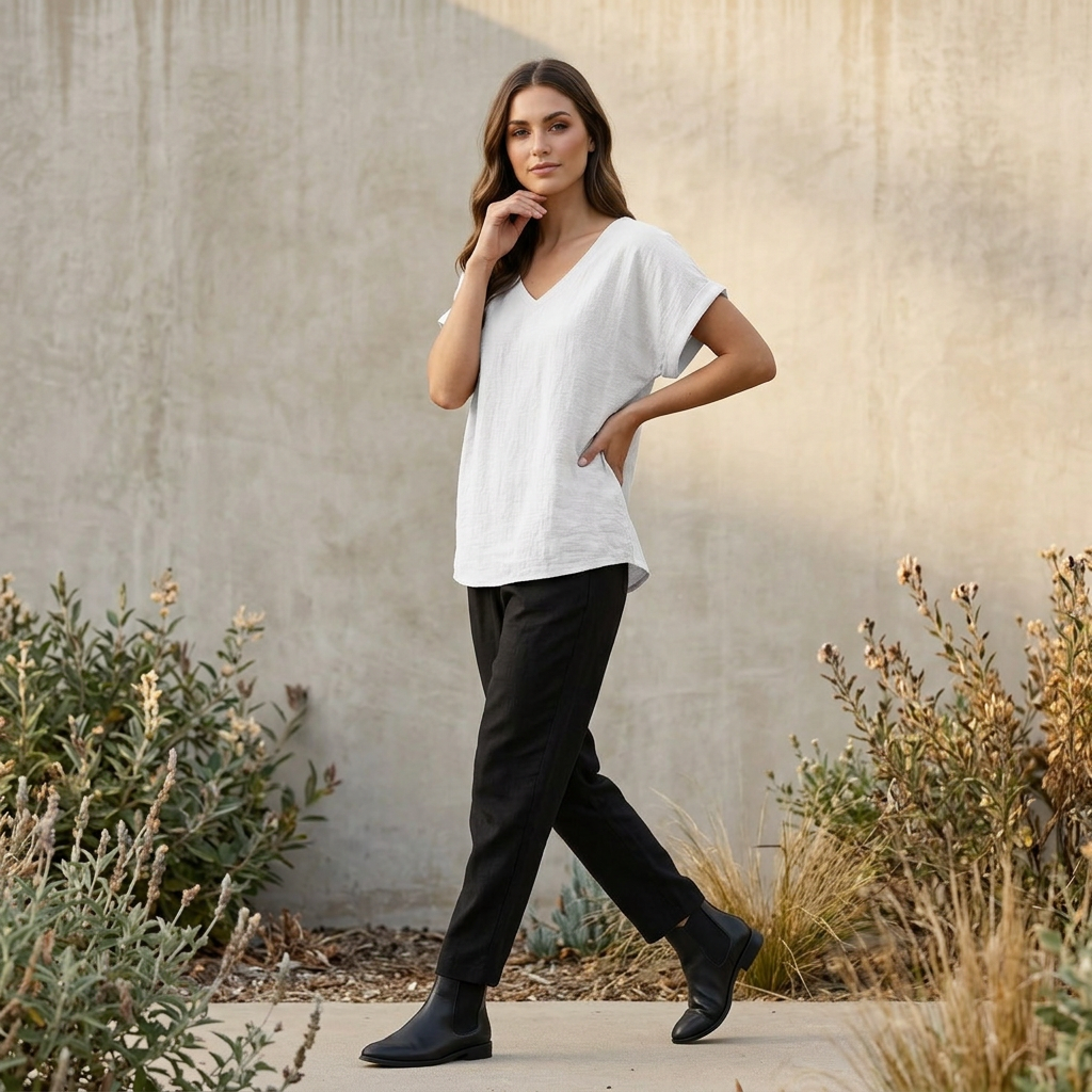 V-Neck T-Shirt with Asymmetrical Hem and Relaxed Fit
