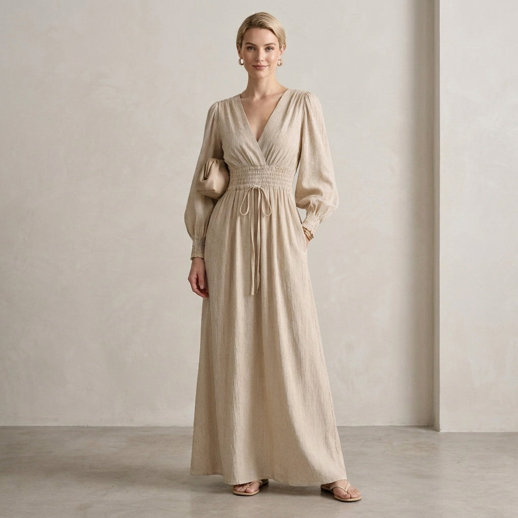 V-Neck Shirred Waist Maxi Dress with Subtle Vertical Texture