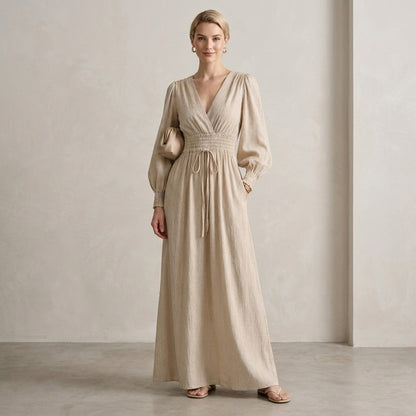 V-Neck Shirred Waist Maxi Dress with Subtle Vertical Texture