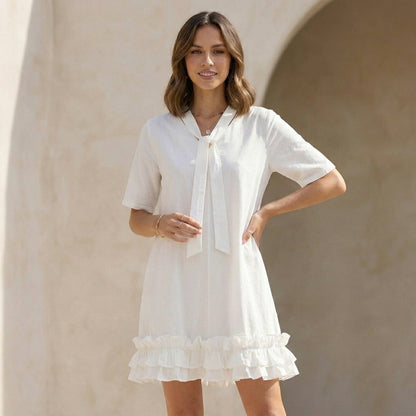 Relaxed Ruffle Hem Mini Dress with Elegant Tie Neck Detail
