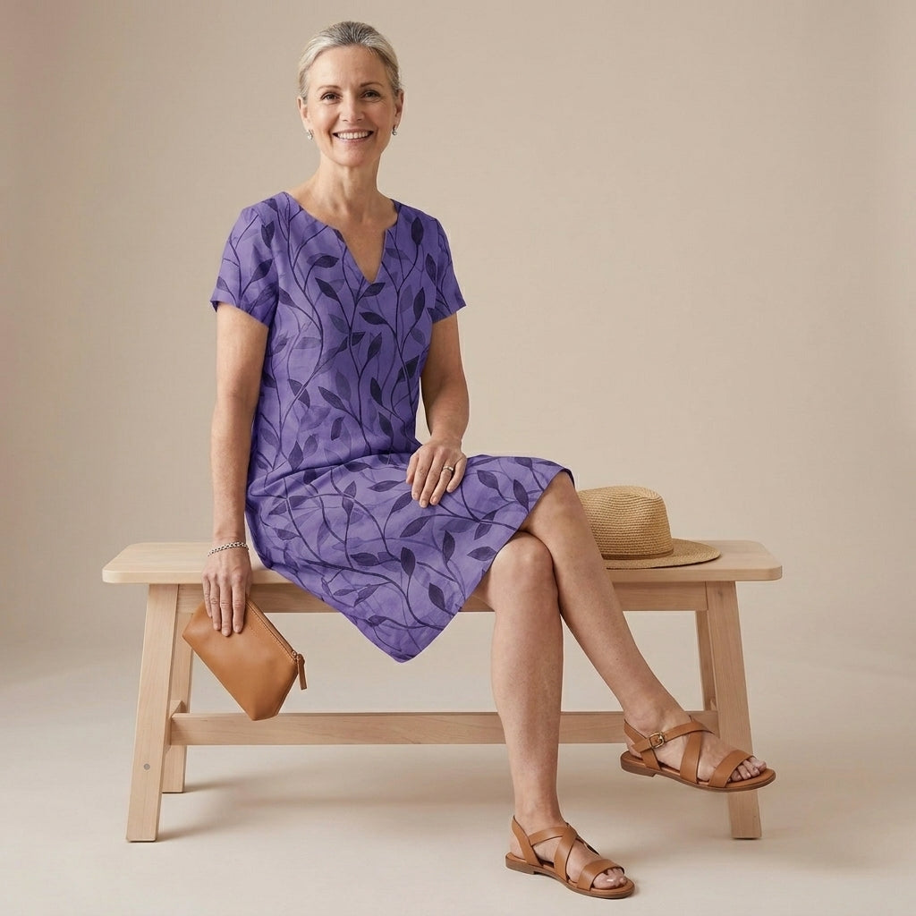 Relaxed A-Line Dress with Notched V-Neck and Botanical Motif