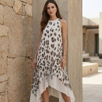 Abstract Leopard Print Maxi Dress with Flowing Asymmetrical Hem Elegance