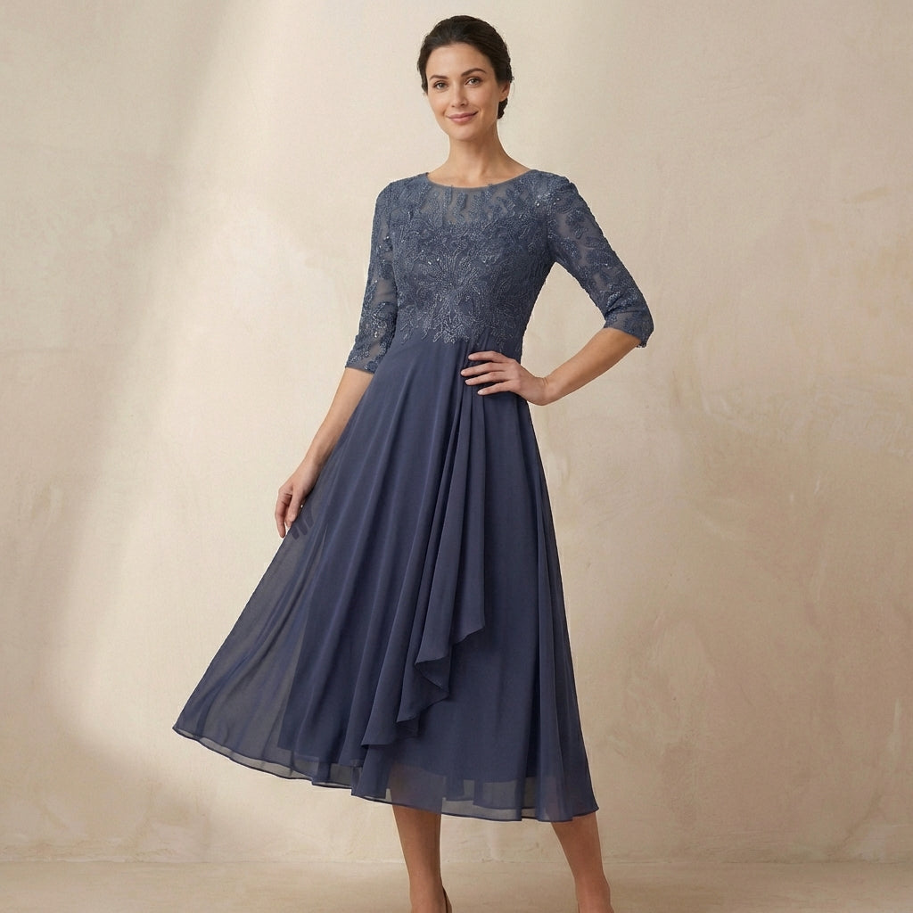 Embroidered A-Line Midi Dress with Sheer Sleeves and Pockets