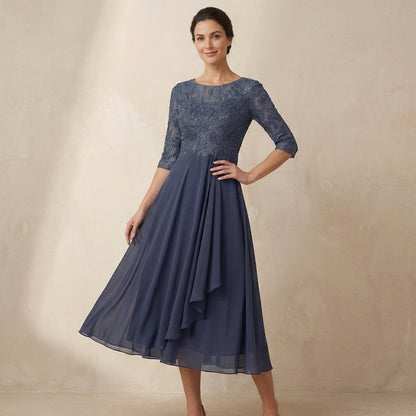 Embroidered A-Line Midi Dress with Sheer Sleeves and Pockets
