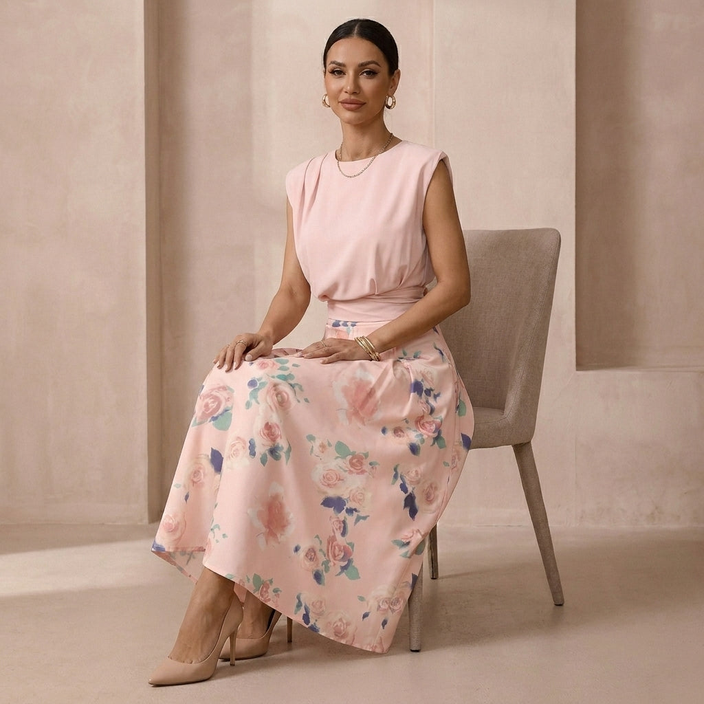 Graceful Two-Piece Set with Round Neck Top and Pleated Midi Skirt