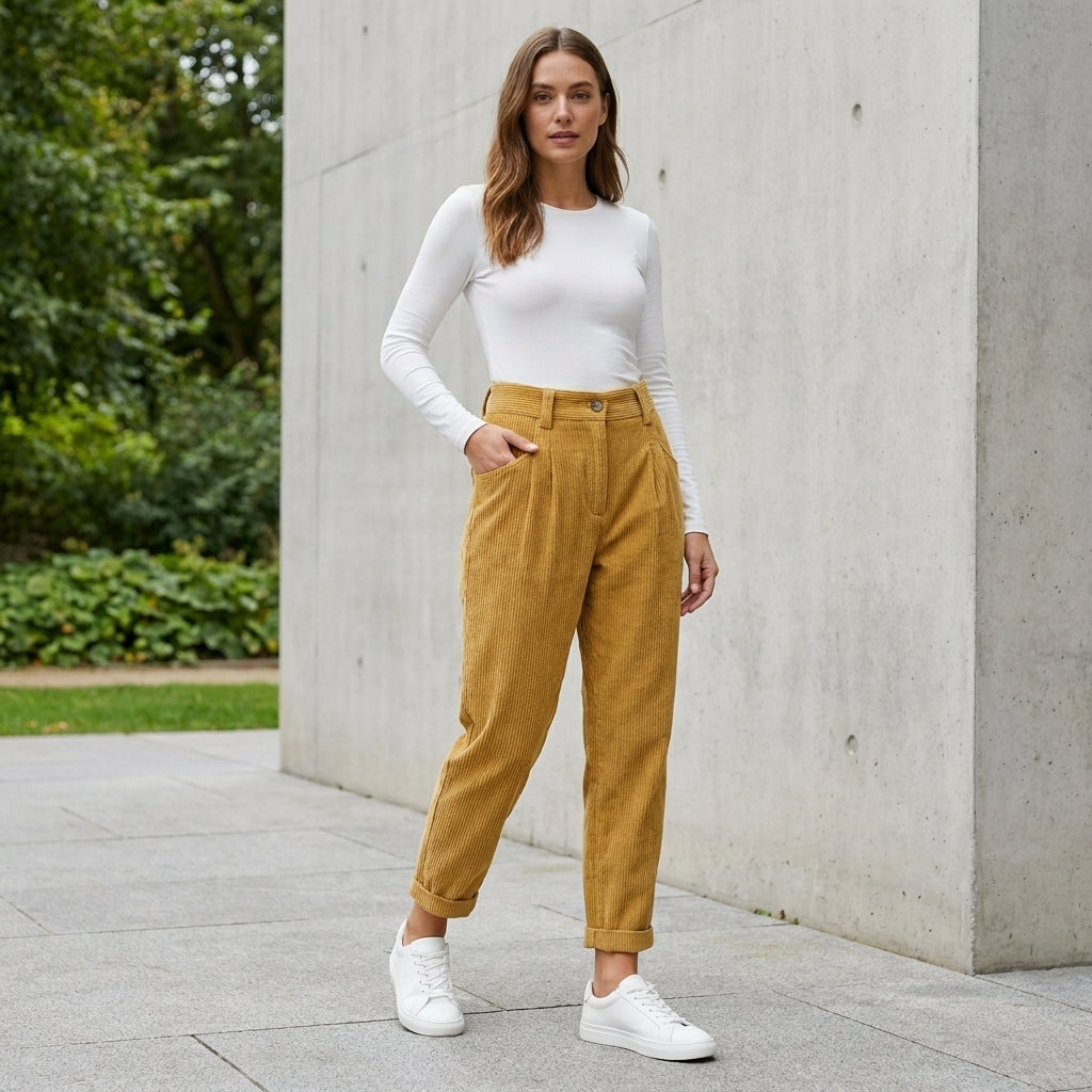 High-Waisted Ribbed Corduroy Pants with Tapered Ankle Silhouette