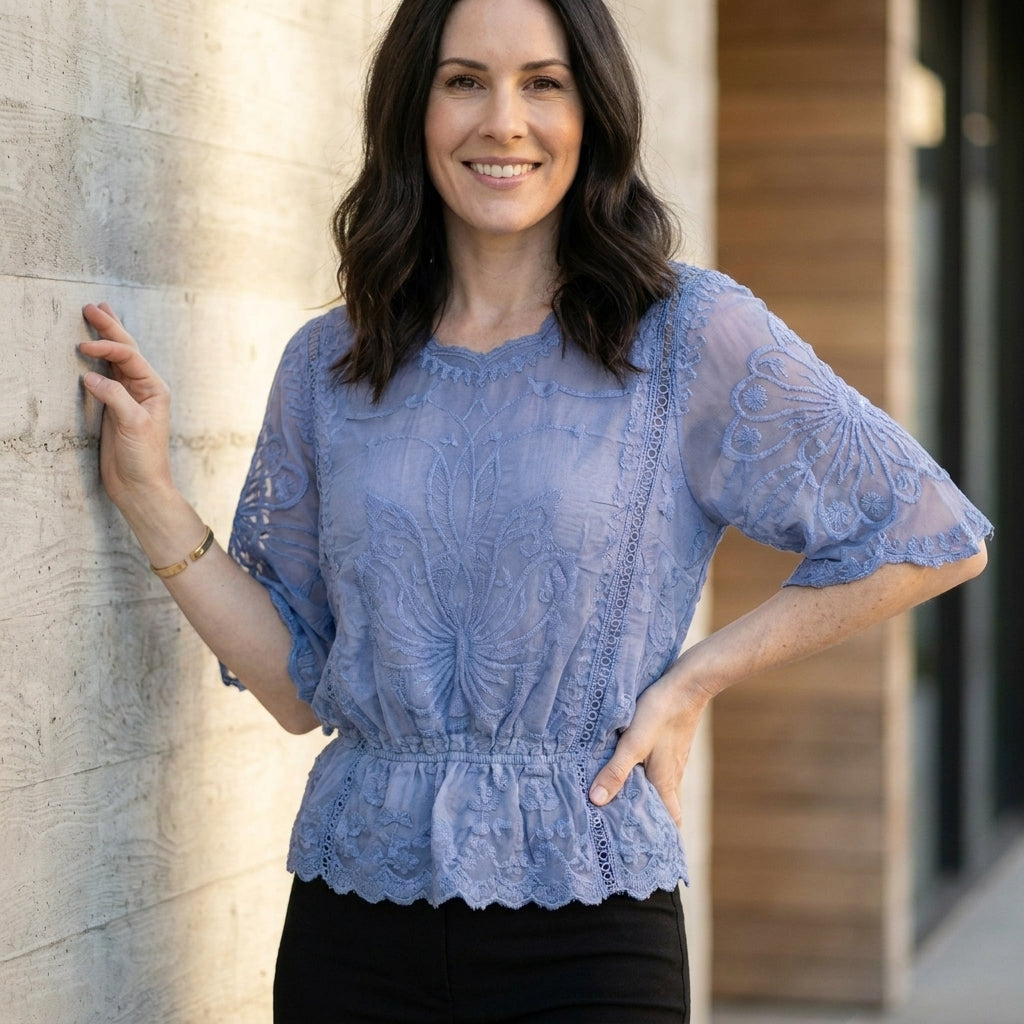 Celeste Embroidered Blouse with Sheer Bell Sleeves