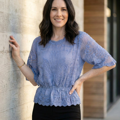 Celeste Embroidered Blouse with Sheer Bell Sleeves