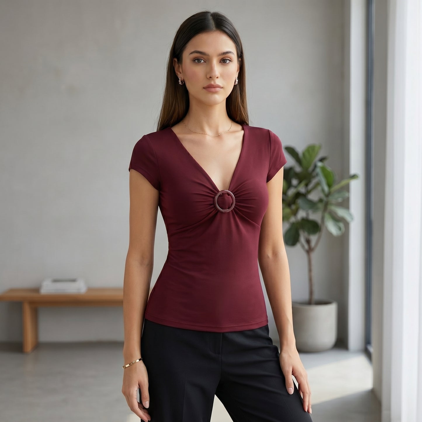 Fitted Polka-Dot Surplice Top with Ruched Bust and Ring Detail