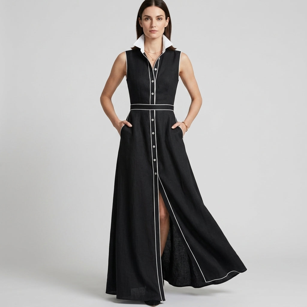 Elegant Contrast Trim Sleeveless Maxi Shirt Dress