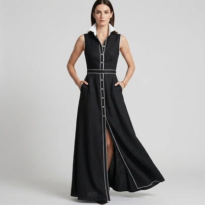 Elegant Contrast Trim Sleeveless Maxi Shirt Dress