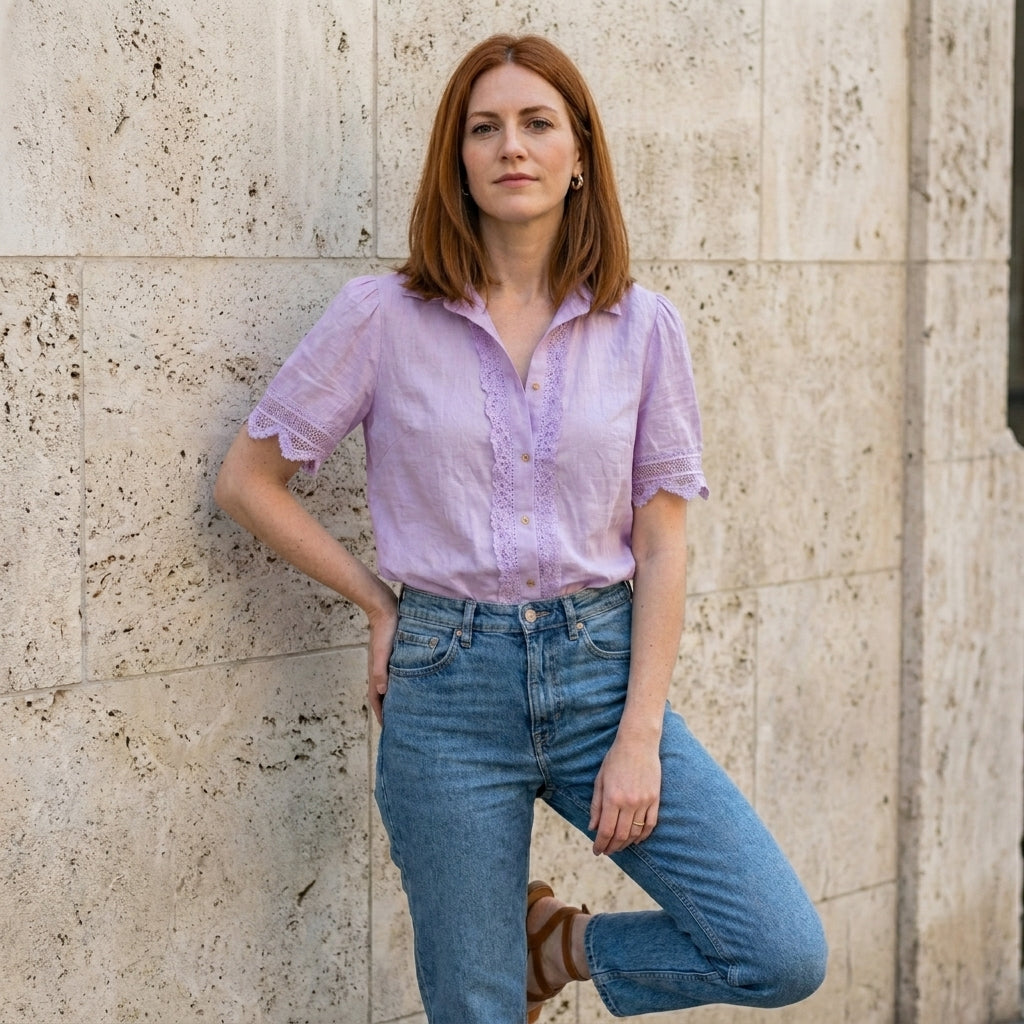 Lace Trim Button-Front Romantic Blouse